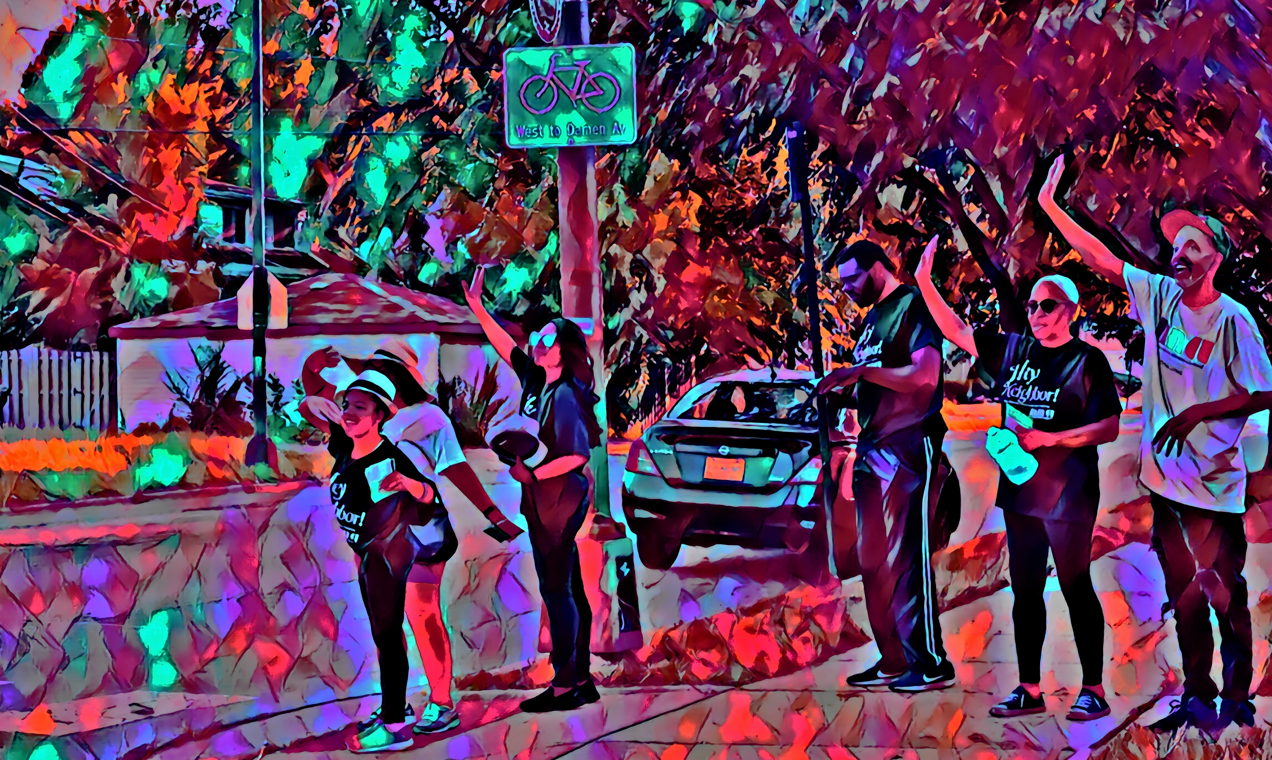 Colorful artwork from NNA’s website showing Hey Neighbor walkers waving on a neighborhood street